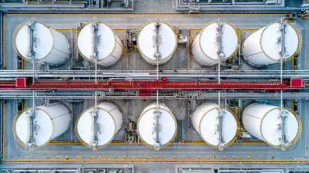 Storage tanks and fuel silos arranged symmetrically in oil industry refineryの素材