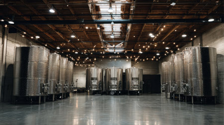 Stainless steel fermentation tanks in craft distillery arranged in industrial spaceの素材