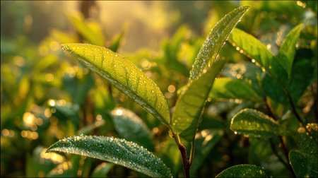 Bright morning scene with sunlight reflecting off dew-covered green leavesの素材