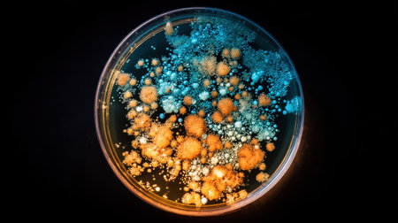 Microscopic bacteria in colony formation on agar plate viewed under bright lightの素材