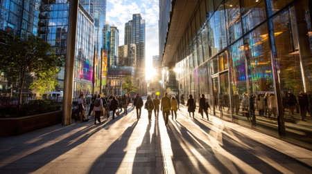 Bright sunlight casting long shadows on urban street between glass buildingsの素材