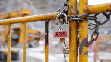 Stop barrier gate at restricted mine zone with padlock and safety warningの素材