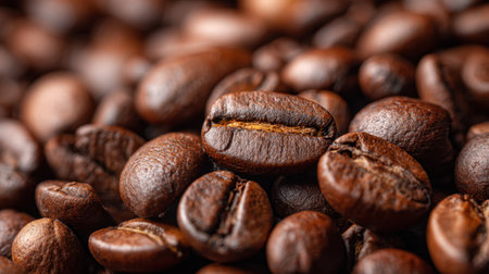 Brown roasted coffee beans close-up texture filling full frame under warm lightingの素材
