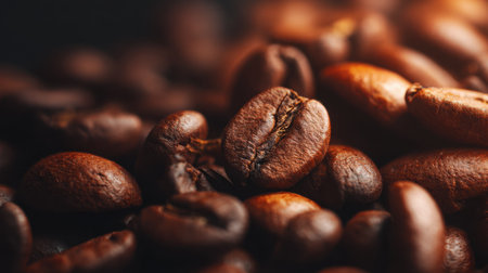 Brown roasted coffee beans close-up texture filling full frame under warm lightingの素材