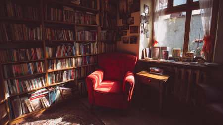 Bright sunlight illuminating cozy reading corner with armchair and bookshelvesの素材