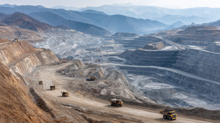 Wide shot of mining activity with equipment scattered across multi-level excavationの素材