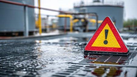 Slippery surface warning sign beside wet metal grating near ore processing tanksの素材
