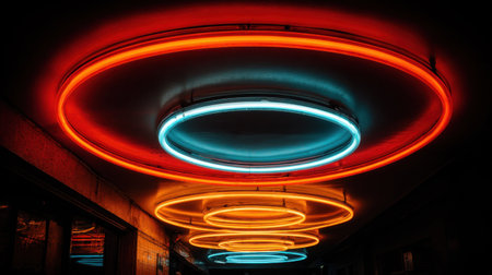 Bright neon tubes glowing in circular formation against black wallの素材