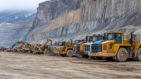 Heavy equipment storage area in mining industry with loaders and industrial trucks parkedの素材