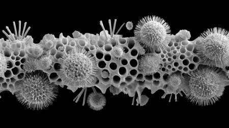 Scanning electron microscope view of virus particles attached to human tissueの素材