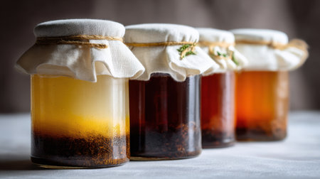 Kombucha brewing in clear glass jars with cloth covers and visible SCOBY layersの素材