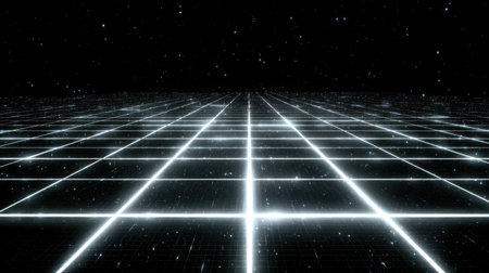 Bright digital grid lines forming glowing network pattern over dark tech backgroundの素材