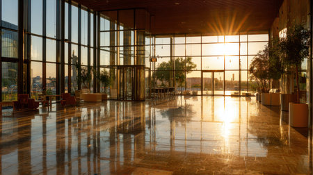 Bright reflections on glass surfaces inside modern urban building at sunsetの素材