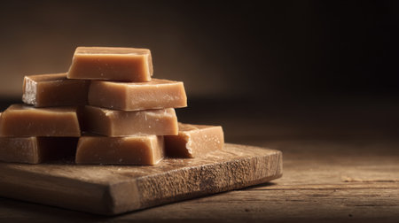 Brown caramel candies stacked neatly on wooden cutting board under warm studio lightingの素材