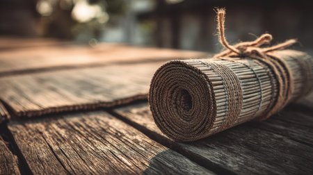 Brown bamboo mat rolled neatly on wooden tabletop under natural lightの素材