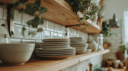 Clean white ceramic dishes stacked on light wooden shelf in modern kitchenの素材