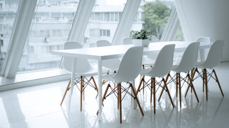 Clean empty meeting room with white table and chairs set neatly in modern officeの素材