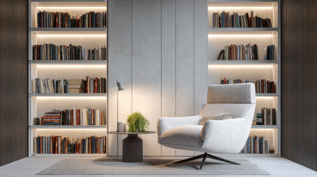 Reading nook in modern apartment with soft chair, side table, and books arranged neatlyの素材