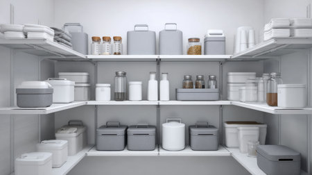Clean white storage shelves with symmetrical organization of containers and jarsの素材