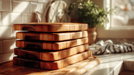 Clean cutting boards stacked on white countertop with soft daylight reflectionsの素材