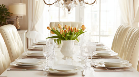 Clean dining table set with white plates and glassware in bright modern interiorの素材