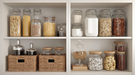 Clean white storage shelves with symmetrical organization of containers and jarsの素材