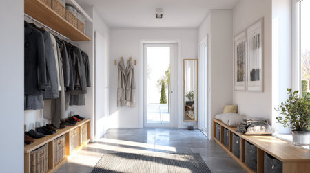 Clean tiled entryway with organized shoe rack and neutral decor under natural lightの素材