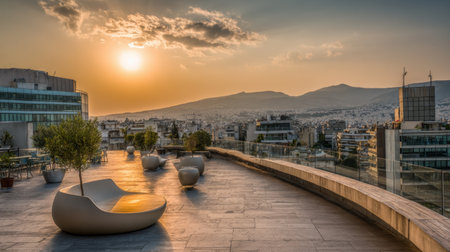 Rooftop terrace of urban apartment building with seating area and city view at sunsetの素材