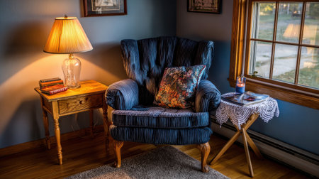 Relaxation corner with recliner chair and small side table with candle and bookの素材