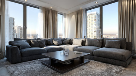 Clean spacious living room with bright windows and minimal furniture arrangementの素材