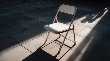 Empty folding chair standing alone in a large open space with dramatic shadowsの素材