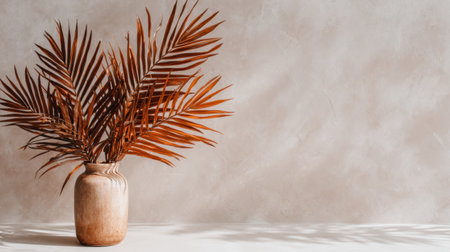 Dried brown palm leaves arranged in vase against soft beige wall backgroundの素材