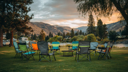 Outdoor folding chairs arranged in a circle on grassy lawn at campsiteの素材