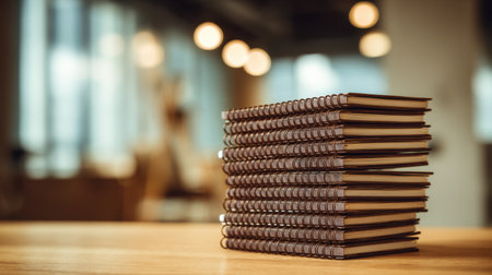Stack of brown spiral notebooks arranged neatly on wooden desk with soft lightの素材