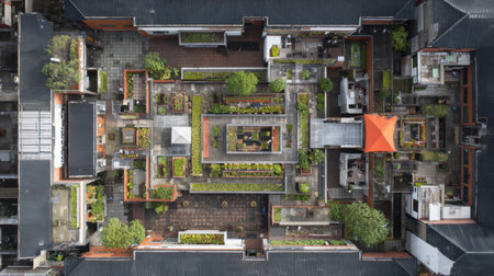 Top-down aerial view of apartment complex rooftops with courtyards and shared spacesの素材