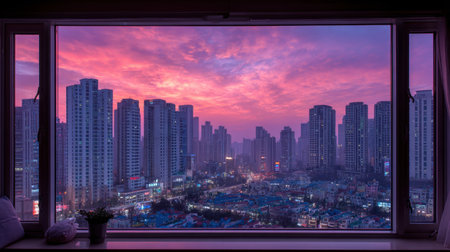 Sunrise view from modern apartment window overlooking urban cityscape and rooftopsの素材