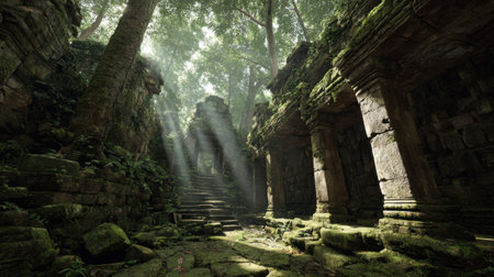 Ancient ruins surrounded by dense jungle with sunbeams filtering through treesの素材