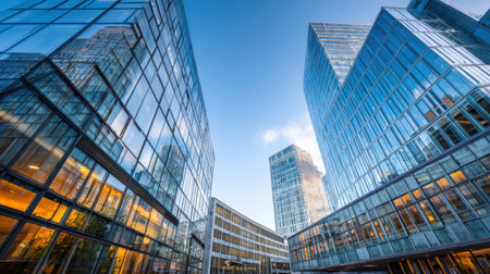 Beautiful modern architecture with clean lines and glass reflections in urban cityscapeの素材