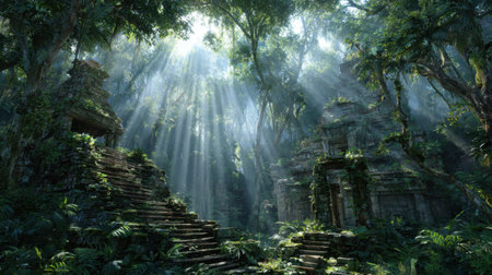 Ancient ruins surrounded by dense jungle with sunbeams filtering through treesの素材