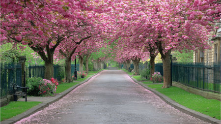 Beautiful cherry blossom trees in full bloom lining peaceful empty pathwayの素材