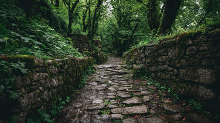 Beautiful ancient stone pathway leading through lush green forest in soft lightの素材