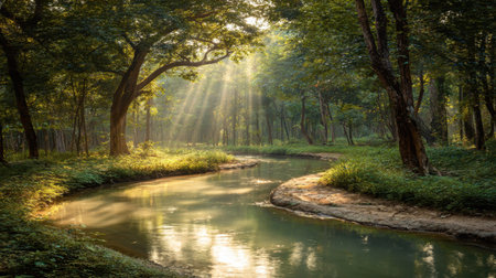 Beautiful river winding through forest with sunbeams breaking through trees aboveの素材