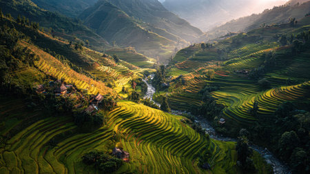 Beautiful lush rice terraces on mountainside under sunlight in rural landscapeの素材