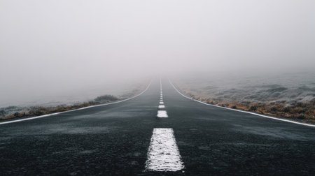 Asphalt road with white markings disappearing into dense fog in early morning lightの素材