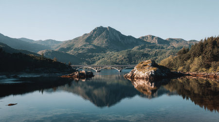 Beautiful scenic bridge spanning river with reflection in calm water under bright skyの素材