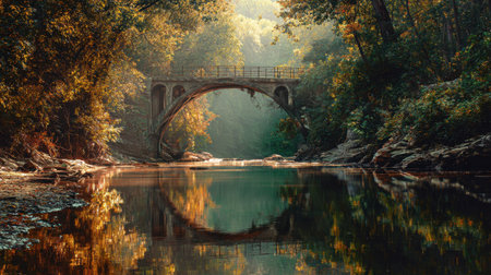 Beautiful arched bridge over calm river with reflection in soft morning lightの素材