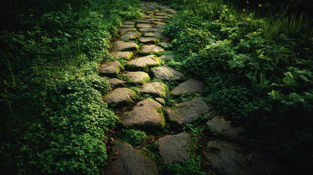 Beautiful ancient stone pathway leading through lush green forest in soft lightの素材