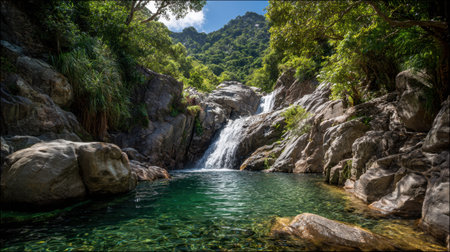Beautiful waterfall cascading over rocky cliffs into clear pool surrounded by lush greeneryの素材