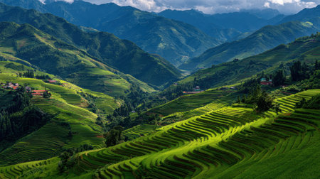 Beautiful lush rice terraces on mountainside under sunlight in rural landscapeの素材