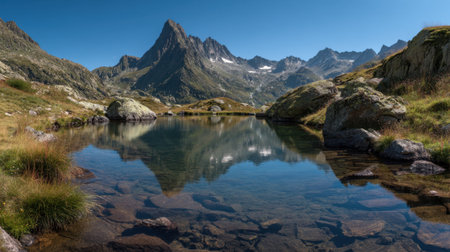 Beautiful reflective surface of calm lake mirroring mountain peaks under blue skyの素材